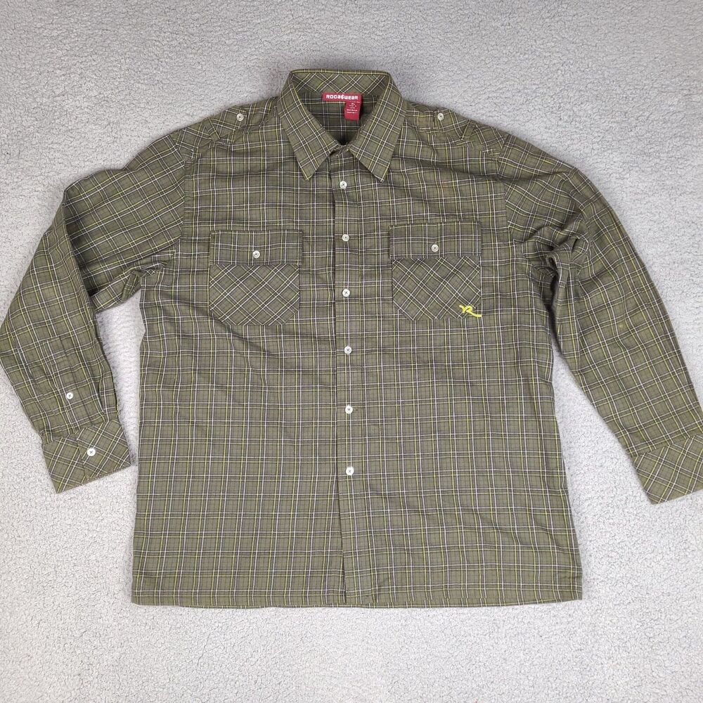 Rocawear Flannel Shirt Mens XL Green Plaid Long Sleeve Button Down Cotton